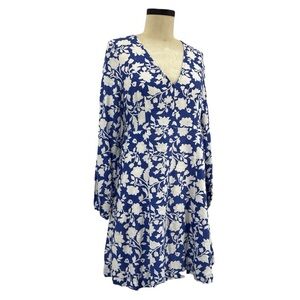 Boden Linen Floral Babydoll Cottagecore VNeck Puff Sleeve Dress Blue & White 8